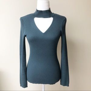 Keyhole Neck Slate Blue/Grey Rib Long Sleeve Top